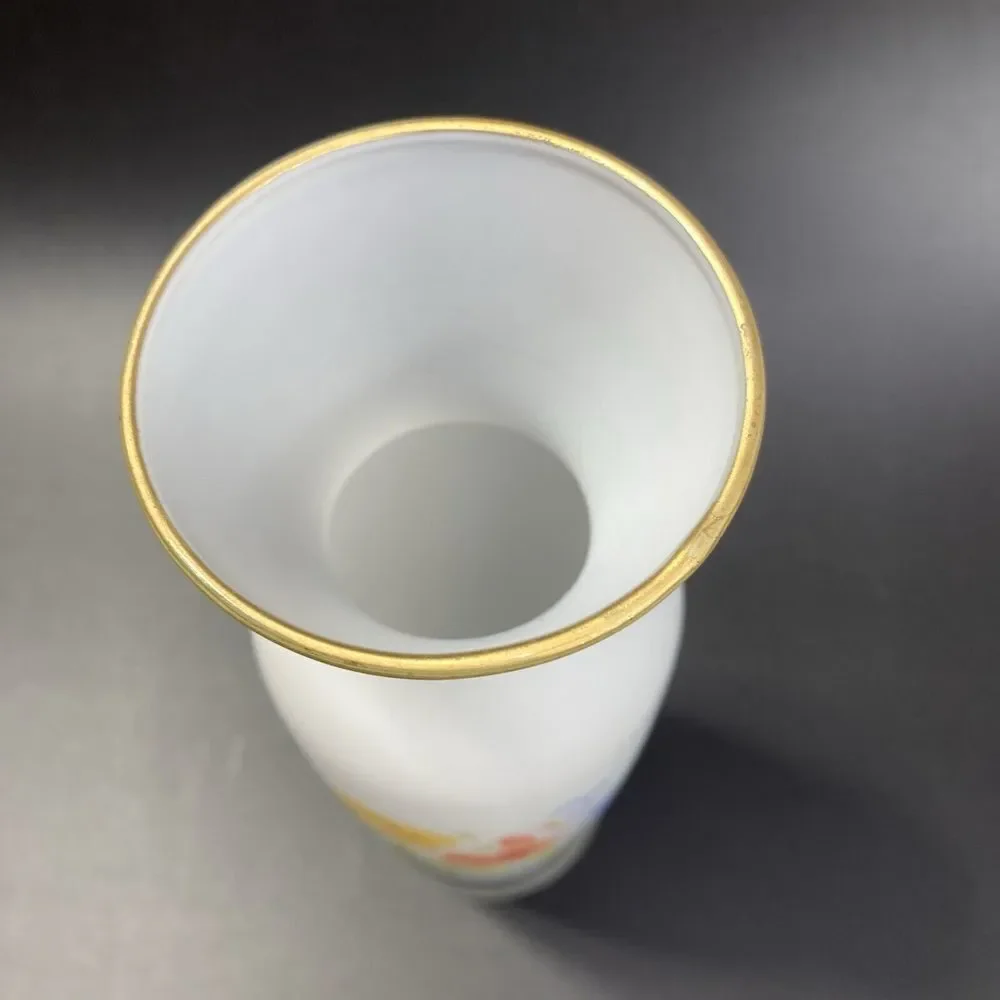 Vintage White Satin Glass Vase Butterfly Flowers Japan  Gold‎ Trim 8